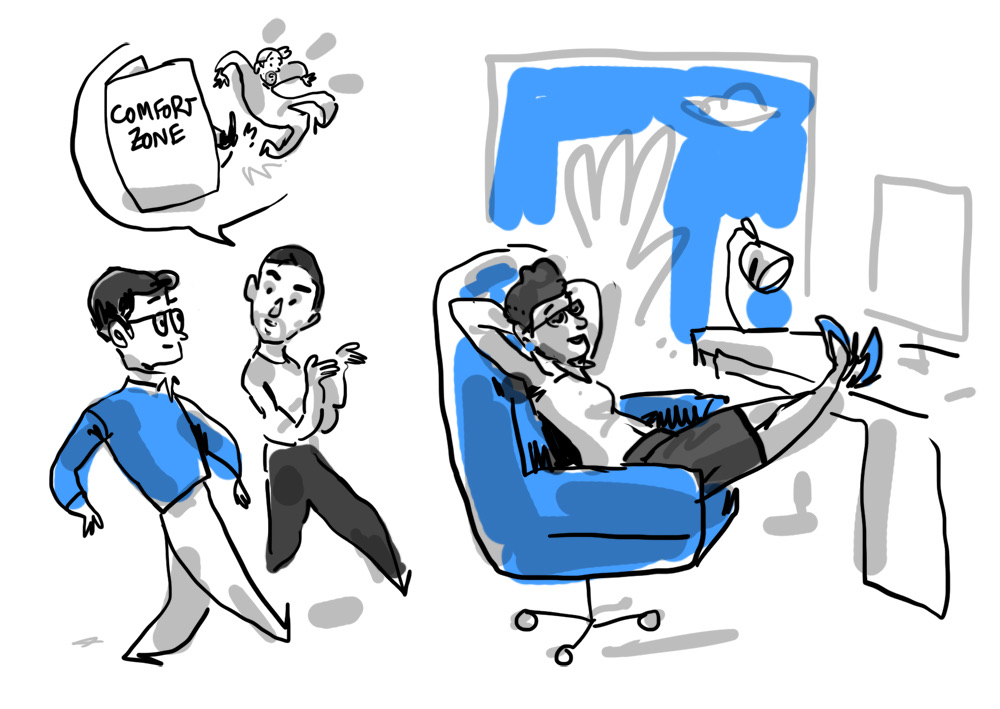 An HR director voices his worry about a colleague's comfort zone, while an executive leans back in an office chair with feet up