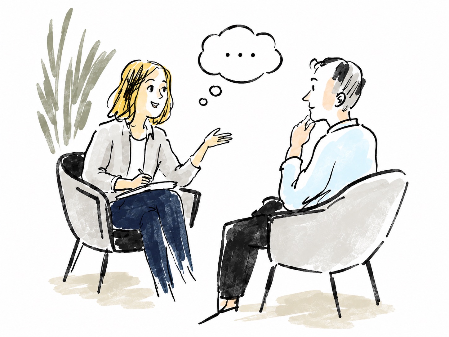 Illustratie: coachingsgesprek in twee fauteuils